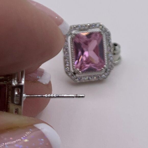 Topaz earrings, 925 sterling silver, pale pink, classic halo emerald cut. - Picture 6 of 16